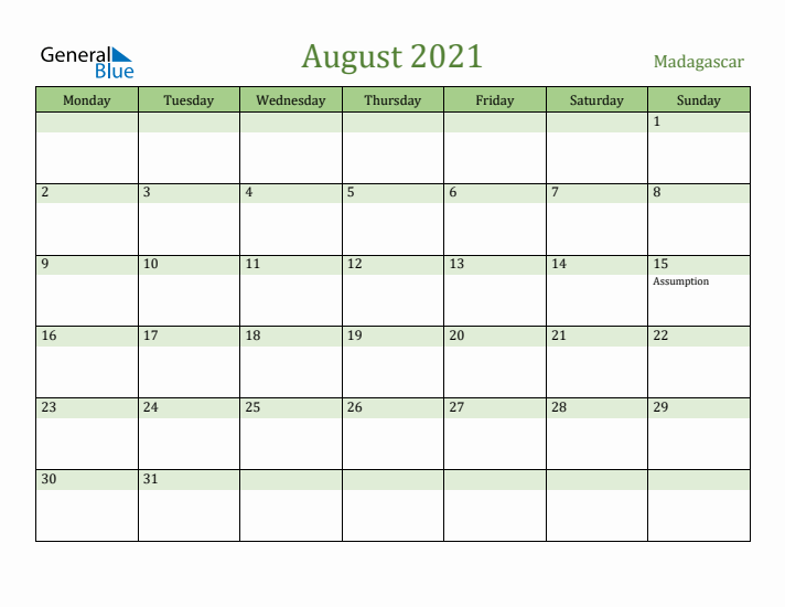 August 2021 Calendar with Madagascar Holidays