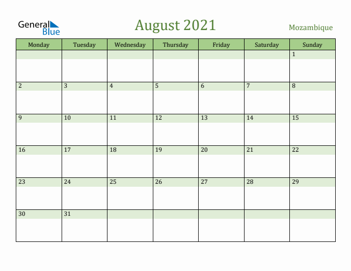 August 2021 Calendar with Mozambique Holidays