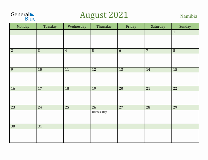 August 2021 Calendar with Namibia Holidays