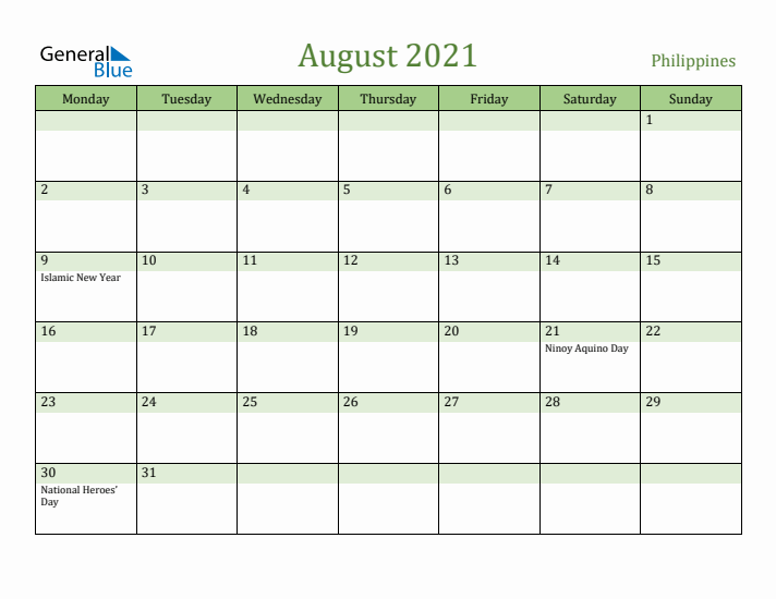 August 2021 Calendar with Philippines Holidays