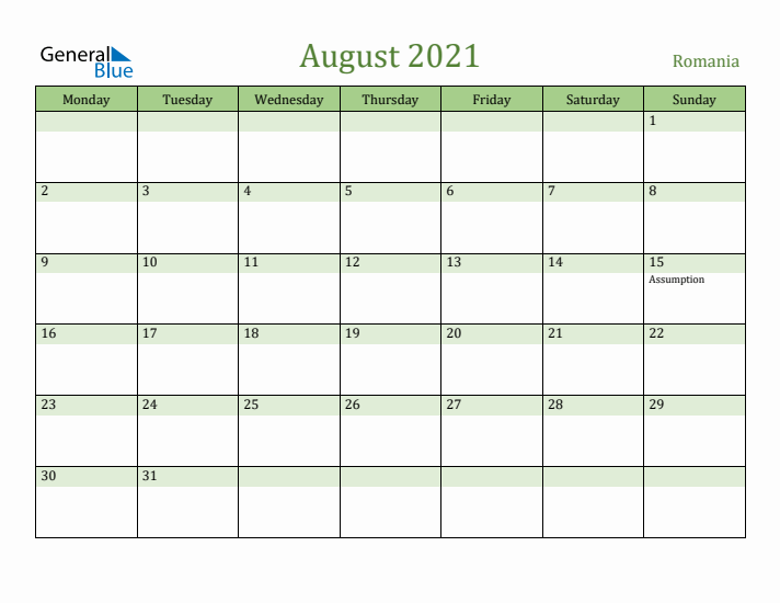 August 2021 Calendar with Romania Holidays