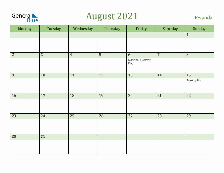 August 2021 Calendar with Rwanda Holidays