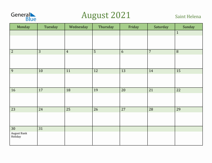 August 2021 Calendar with Saint Helena Holidays