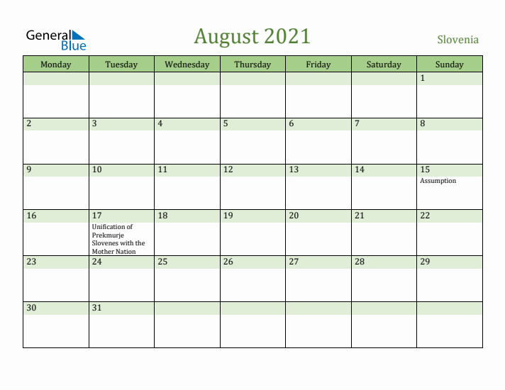 August 2021 Calendar with Slovenia Holidays