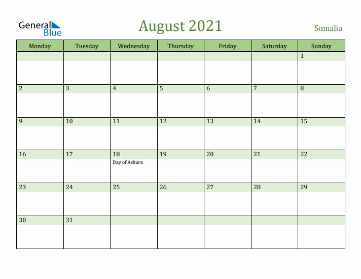 August 2021 Calendar with Somalia Holidays