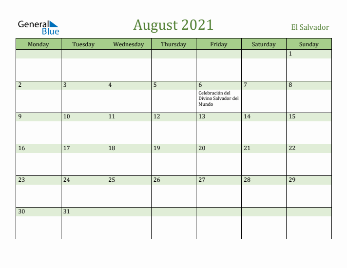 August 2021 Calendar with El Salvador Holidays