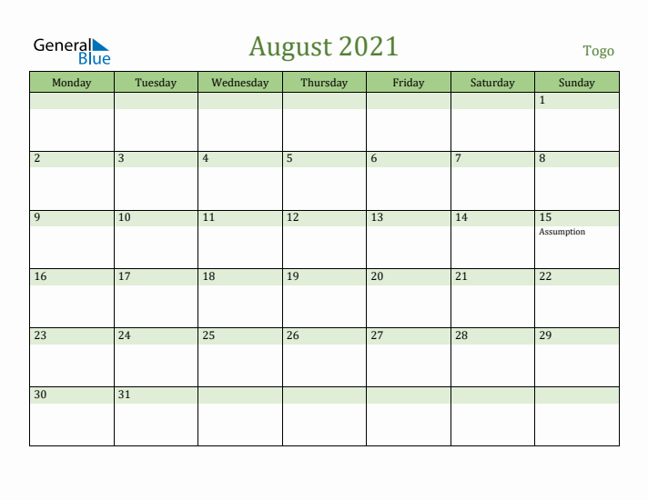 August 2021 Calendar with Togo Holidays