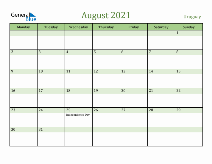 August 2021 Calendar with Uruguay Holidays