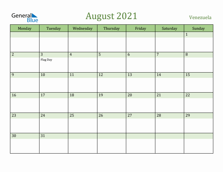 August 2021 Calendar with Venezuela Holidays