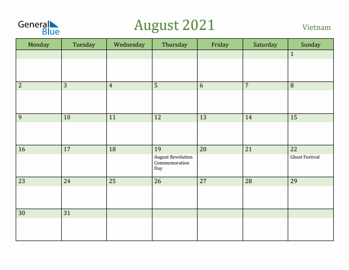 August 2021 Calendar with Vietnam Holidays
