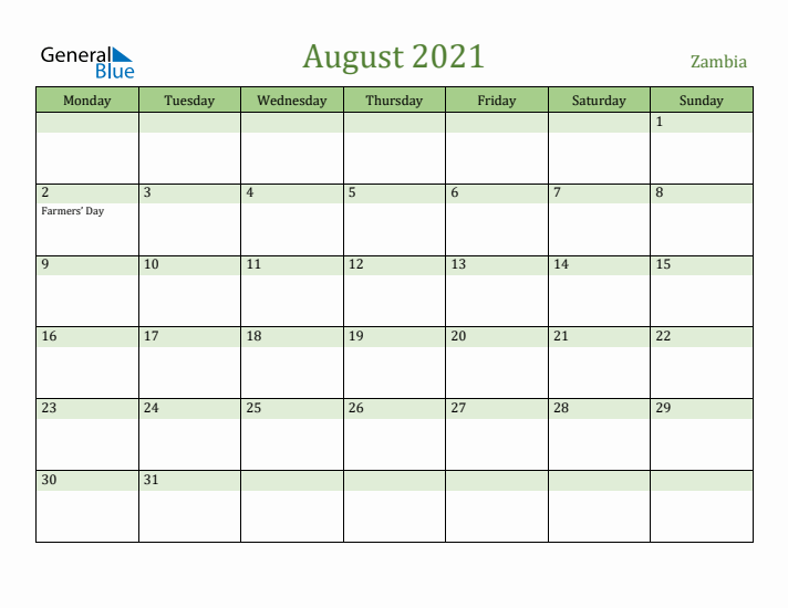 August 2021 Calendar with Zambia Holidays