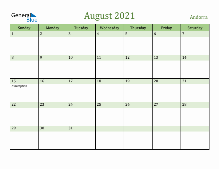 August 2021 Calendar with Andorra Holidays