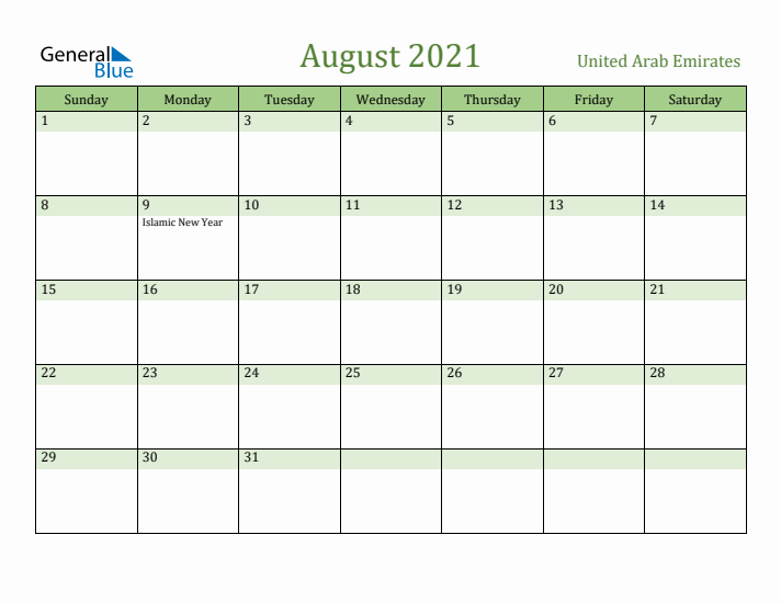 August 2021 Calendar with United Arab Emirates Holidays