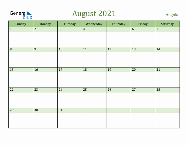 August 2021 Calendar with Angola Holidays