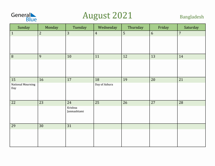 August 2021 Calendar with Bangladesh Holidays