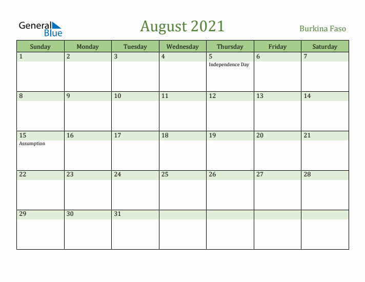 August 2021 Calendar with Burkina Faso Holidays