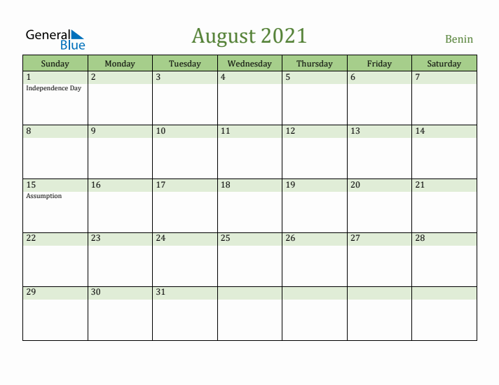 August 2021 Calendar with Benin Holidays