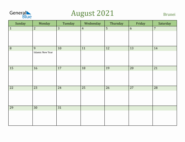 August 2021 Calendar with Brunei Holidays