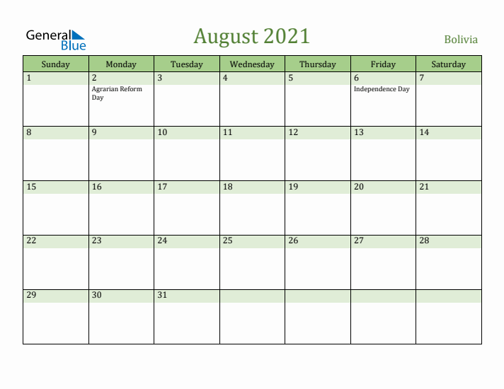 August 2021 Calendar with Bolivia Holidays