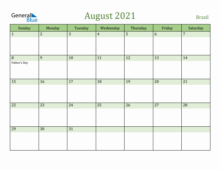 August 2021 Calendar with Brazil Holidays
