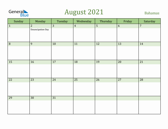 August 2021 Calendar with Bahamas Holidays