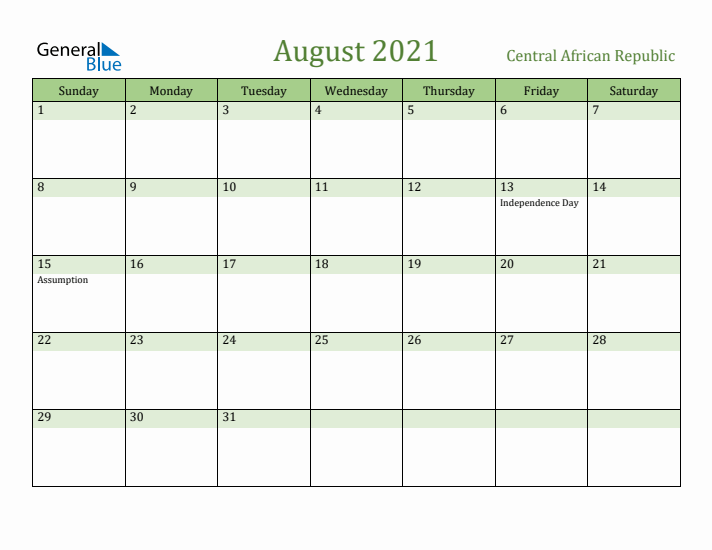 August 2021 Calendar with Central African Republic Holidays