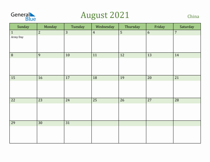 August 2021 Calendar with China Holidays