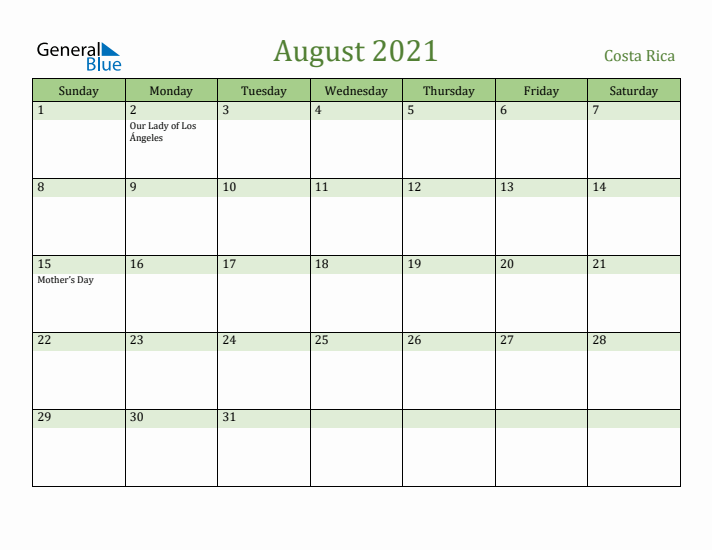 August 2021 Calendar with Costa Rica Holidays