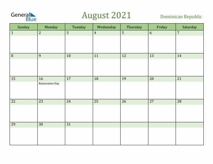 August 2021 Calendar with Dominican Republic Holidays
