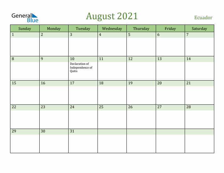 August 2021 Calendar with Ecuador Holidays