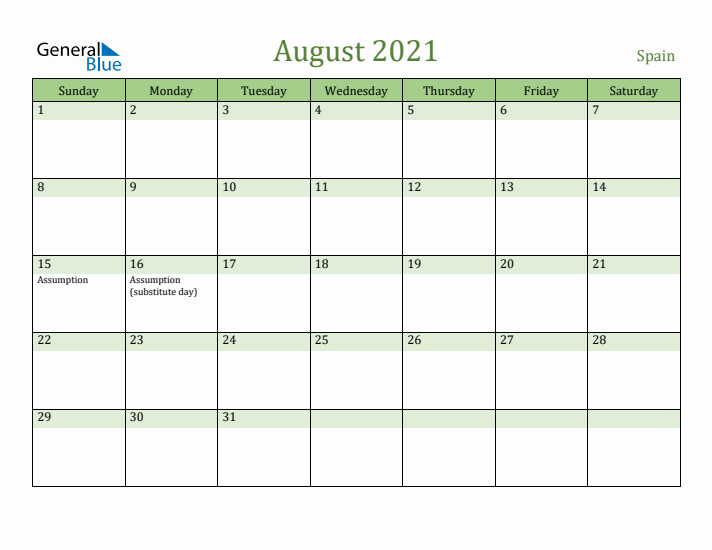 August 2021 Calendar with Spain Holidays