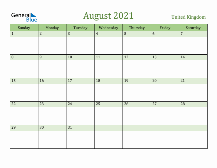August 2021 Calendar with United Kingdom Holidays
