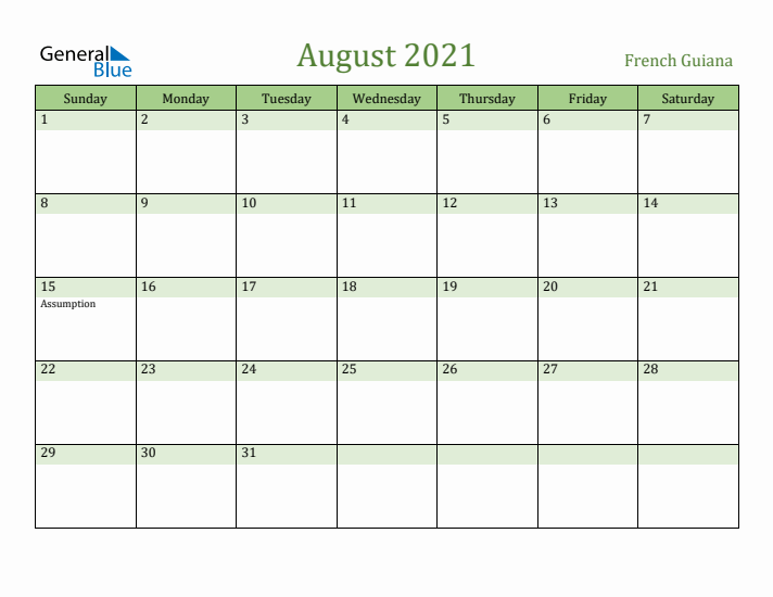 August 2021 Calendar with French Guiana Holidays