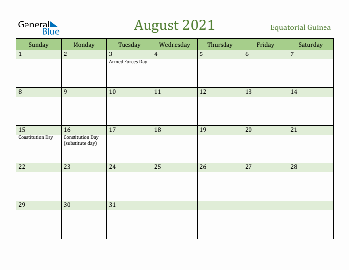 August 2021 Calendar with Equatorial Guinea Holidays