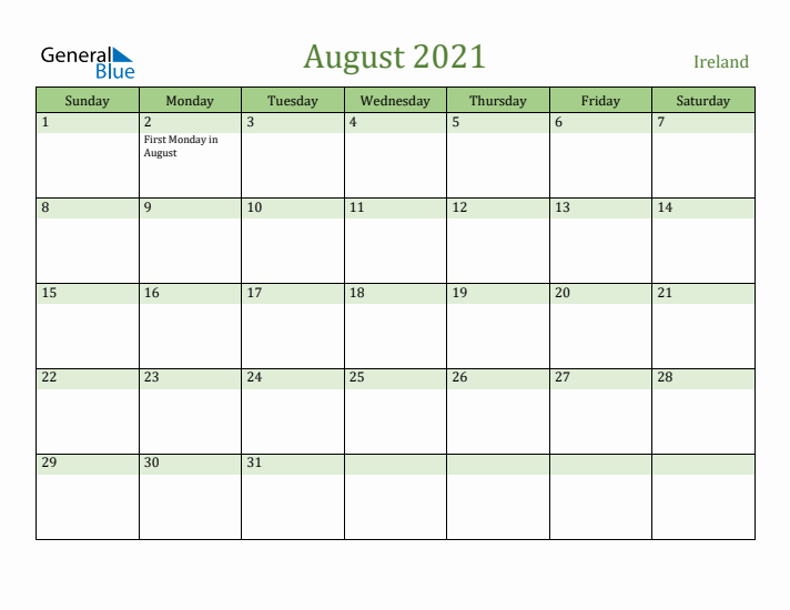 August 2021 Calendar with Ireland Holidays
