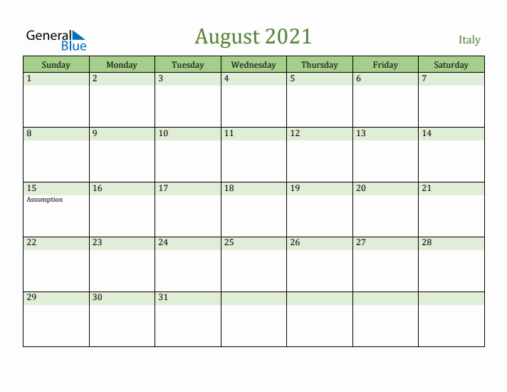 August 2021 Calendar with Italy Holidays
