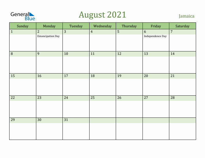 August 2021 Calendar with Jamaica Holidays