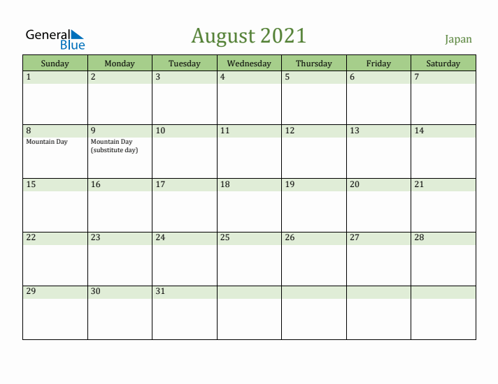 August 2021 Calendar with Japan Holidays