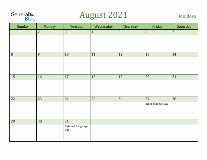 August 2021 Calendar with Moldova Holidays