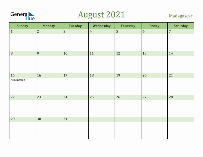 August 2021 Calendar with Madagascar Holidays
