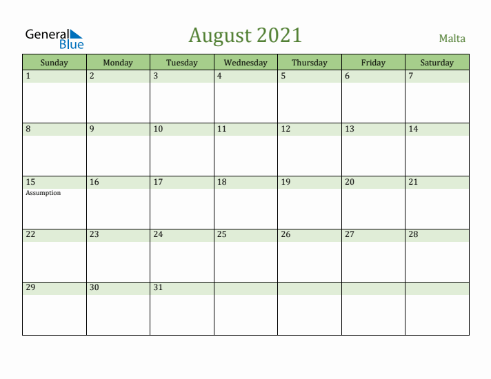 August 2021 Calendar with Malta Holidays