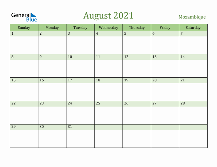 August 2021 Calendar with Mozambique Holidays