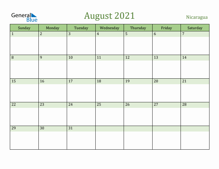 August 2021 Calendar with Nicaragua Holidays
