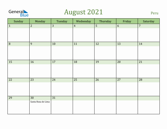 August 2021 Calendar with Peru Holidays