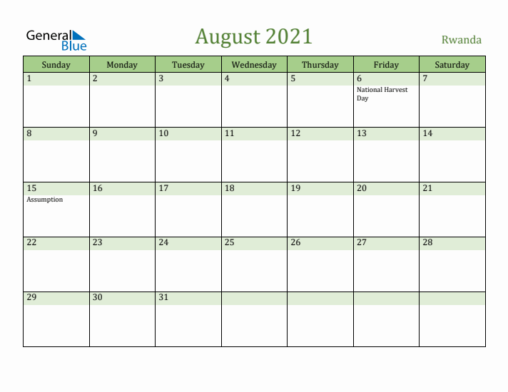 August 2021 Calendar with Rwanda Holidays