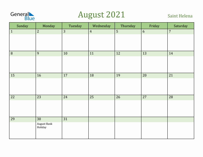 August 2021 Calendar with Saint Helena Holidays