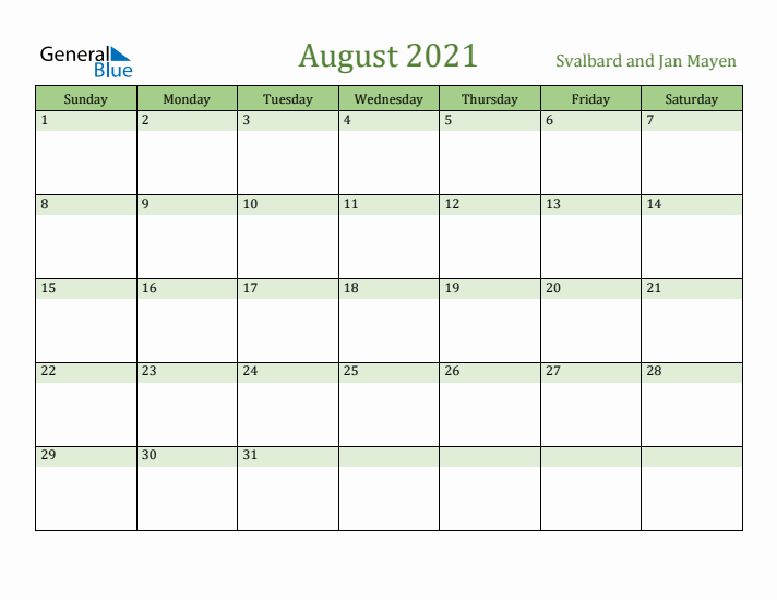 August 2021 Calendar with Svalbard and Jan Mayen Holidays