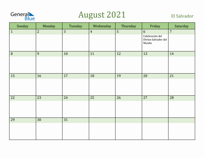 August 2021 Calendar with El Salvador Holidays