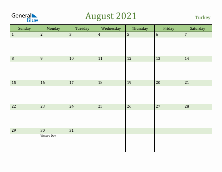 August 2021 Calendar with Turkey Holidays