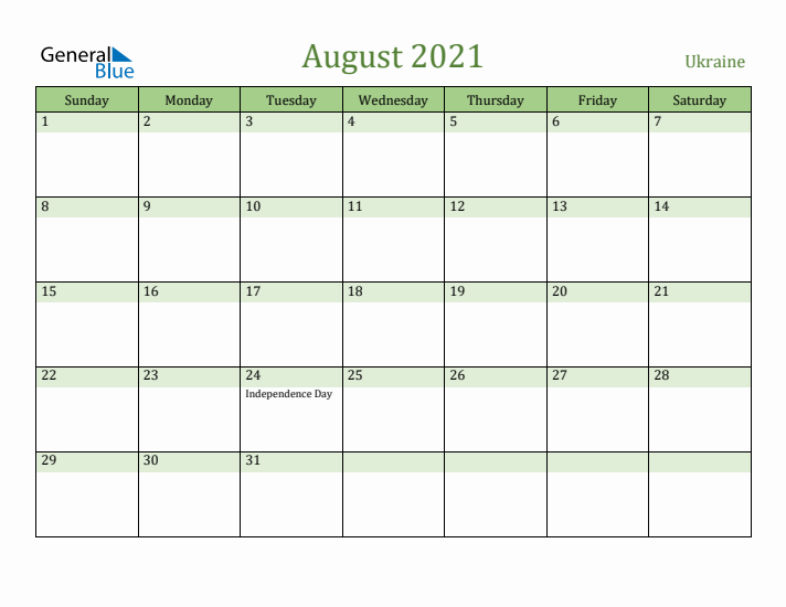 August 2021 Calendar with Ukraine Holidays